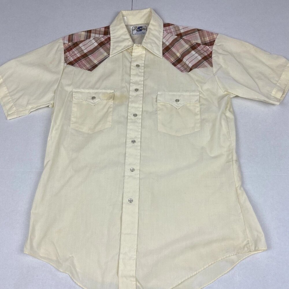 Vint Double S Western Shirt Mens M 16 Pearl Snap Yellow Plaid Short Sleeve Stain